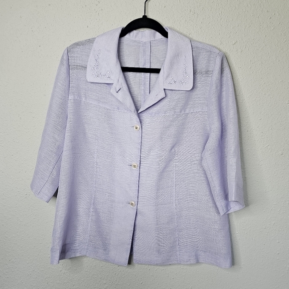 None Tops - Lavender Purple Womens L/XL Short Sleeve Sheer Button Up Top Grandma Core